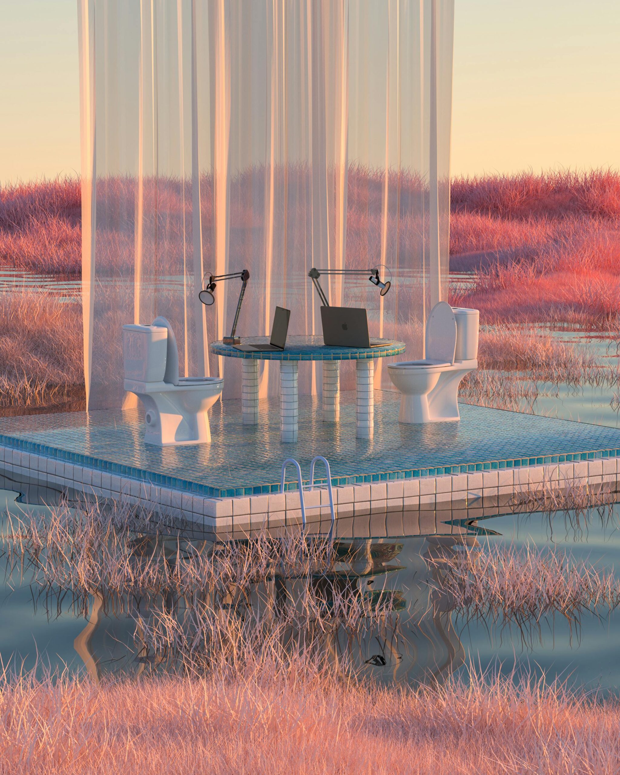 A surrealist scene of a floating desk with computers and toilets in a vibrant wetland at sunset.